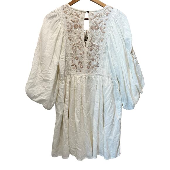 ANTHROPOLOGIE Embroidered Lace White Tan Mini Dress Medium Petite Puff Sleeves - Picture 6 of 10